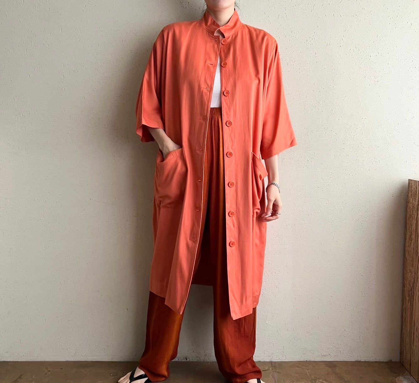 80s "FRANCES HENACHAN" Silk Long Shirt Jacket