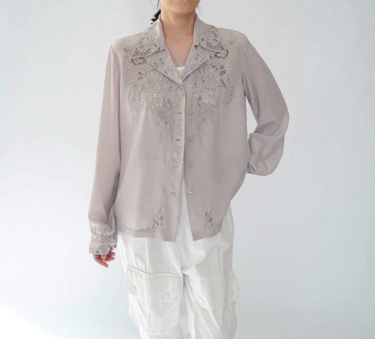 70s Hand Embroidery Silk Shirt Dead Stock