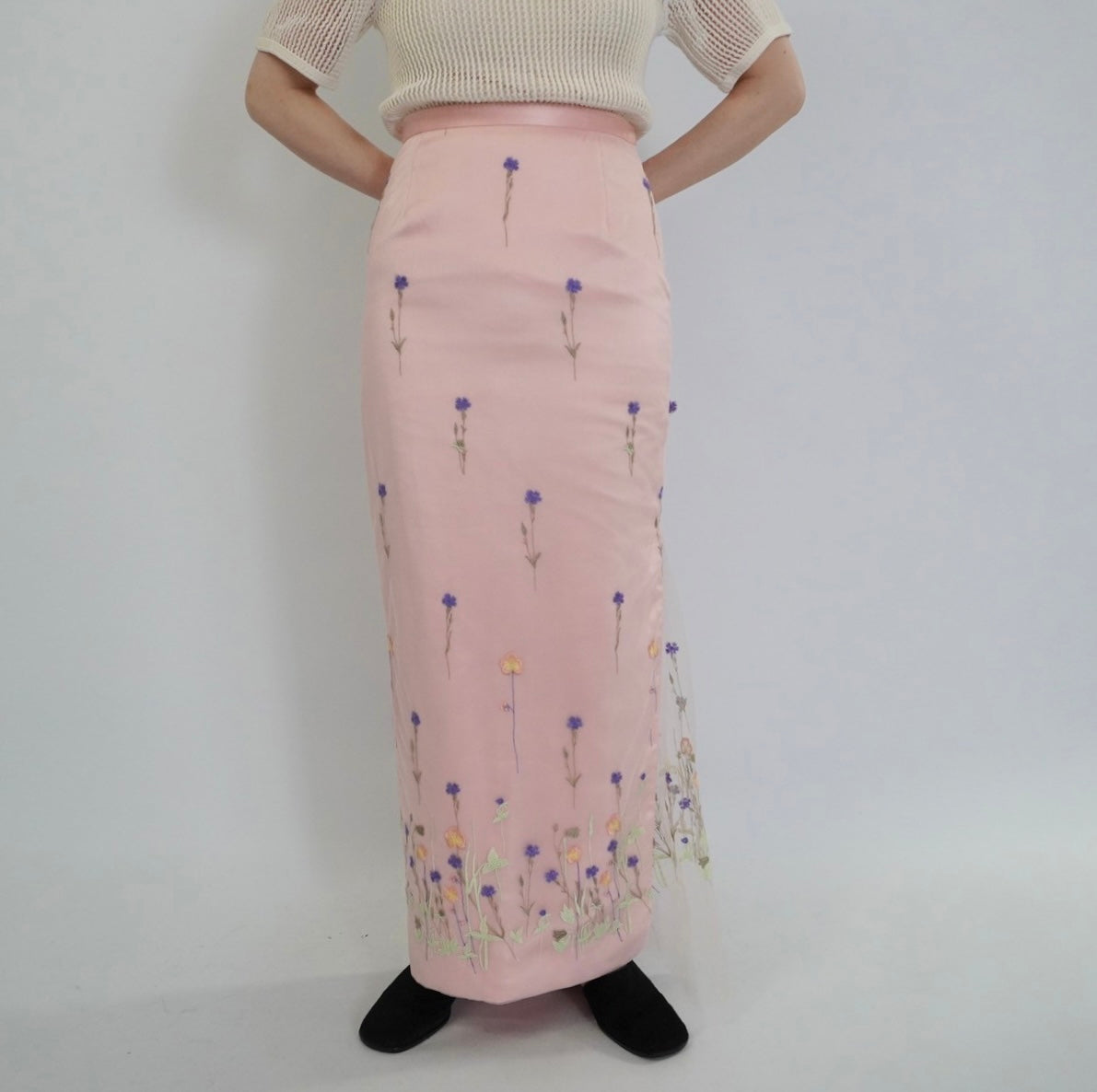 90s Embroidery Sheer Maxi Skirt