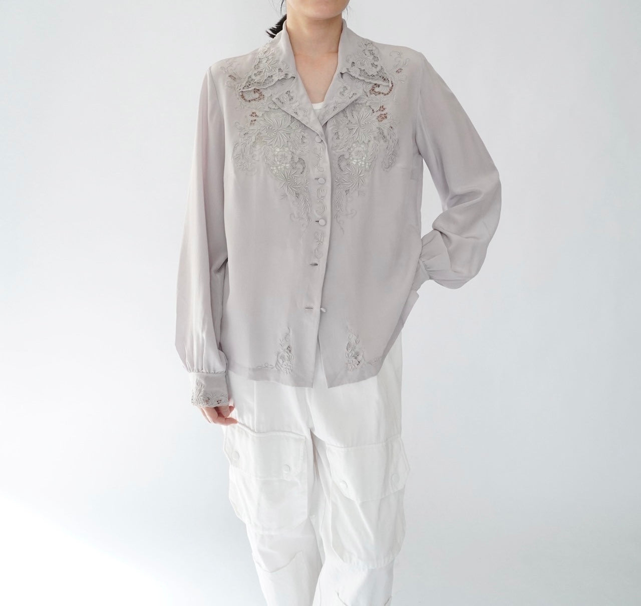 70s Hand Embroidery Silk Shirt Dead Stock