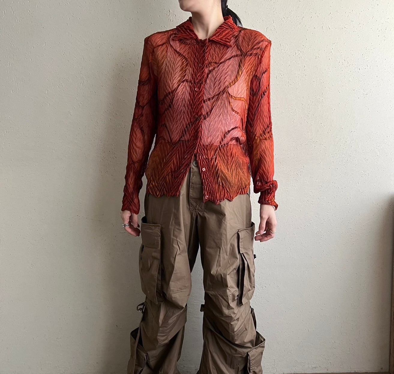 90s Sheer Pleated Design Shirt