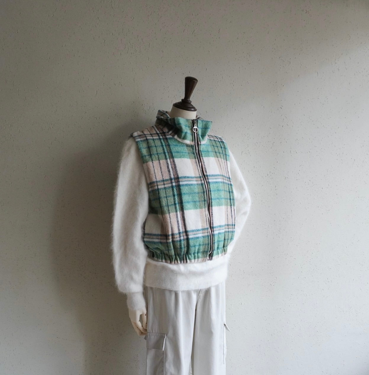 Green Plaid Zip Vest