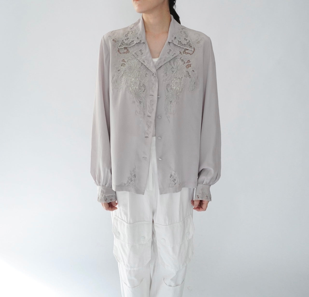 70s Hand Embroidery Silk Shirt Dead Stock