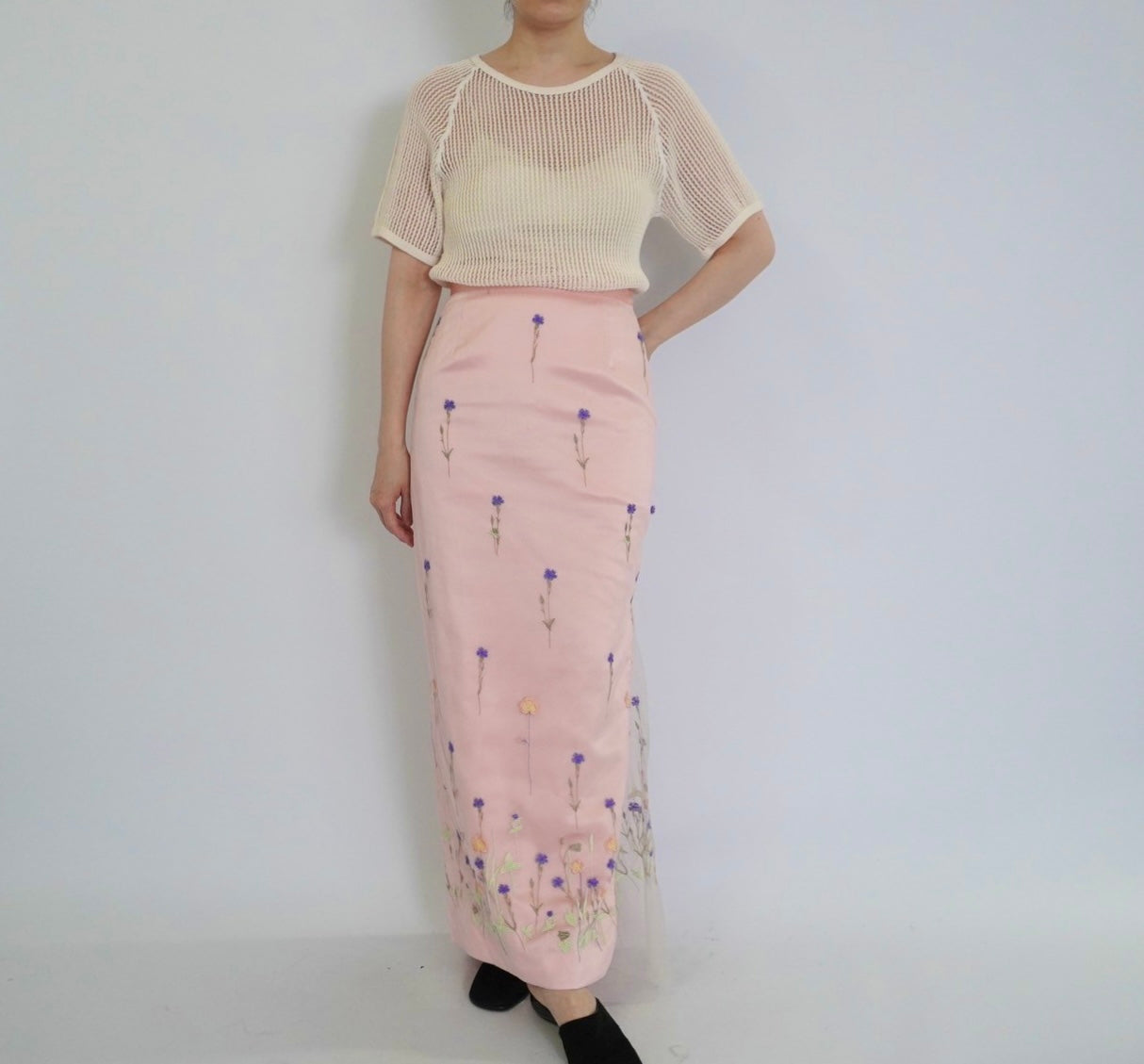 90s Embroidery Sheer Maxi Skirt