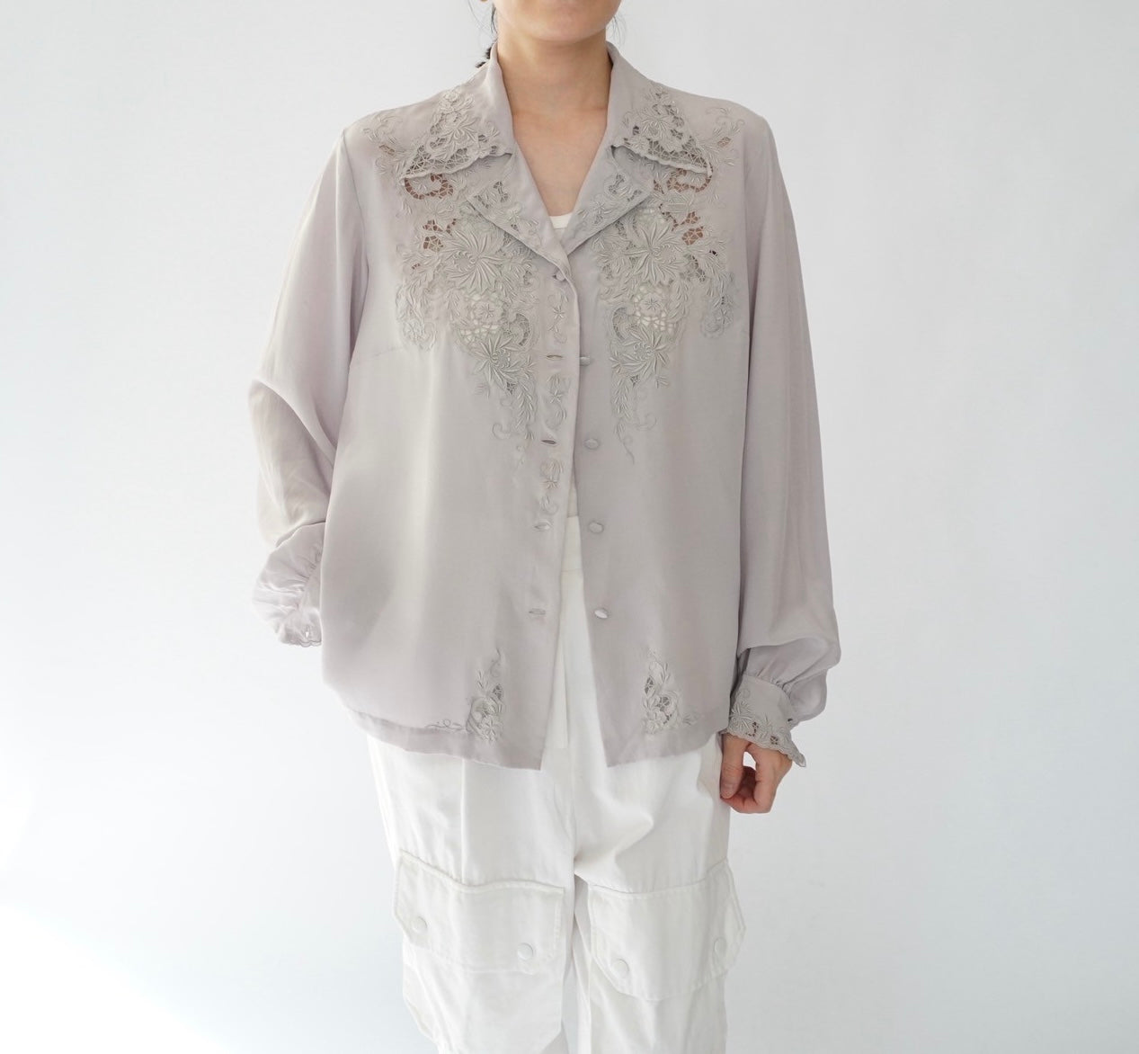 70s Hand Embroidery Silk Shirt Dead Stock