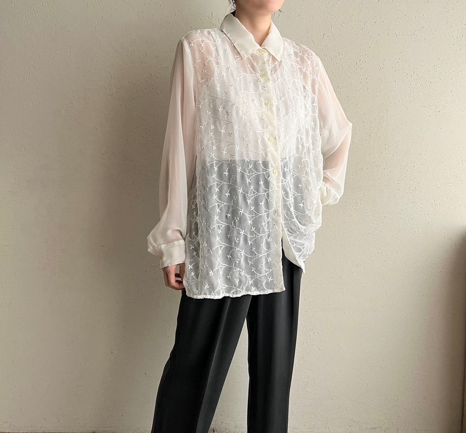 90s Sheer Embroidery Shirt Made in USA