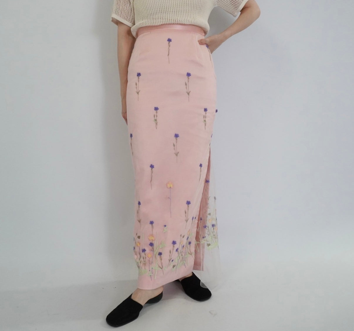 90s Embroidery Sheer Maxi Skirt