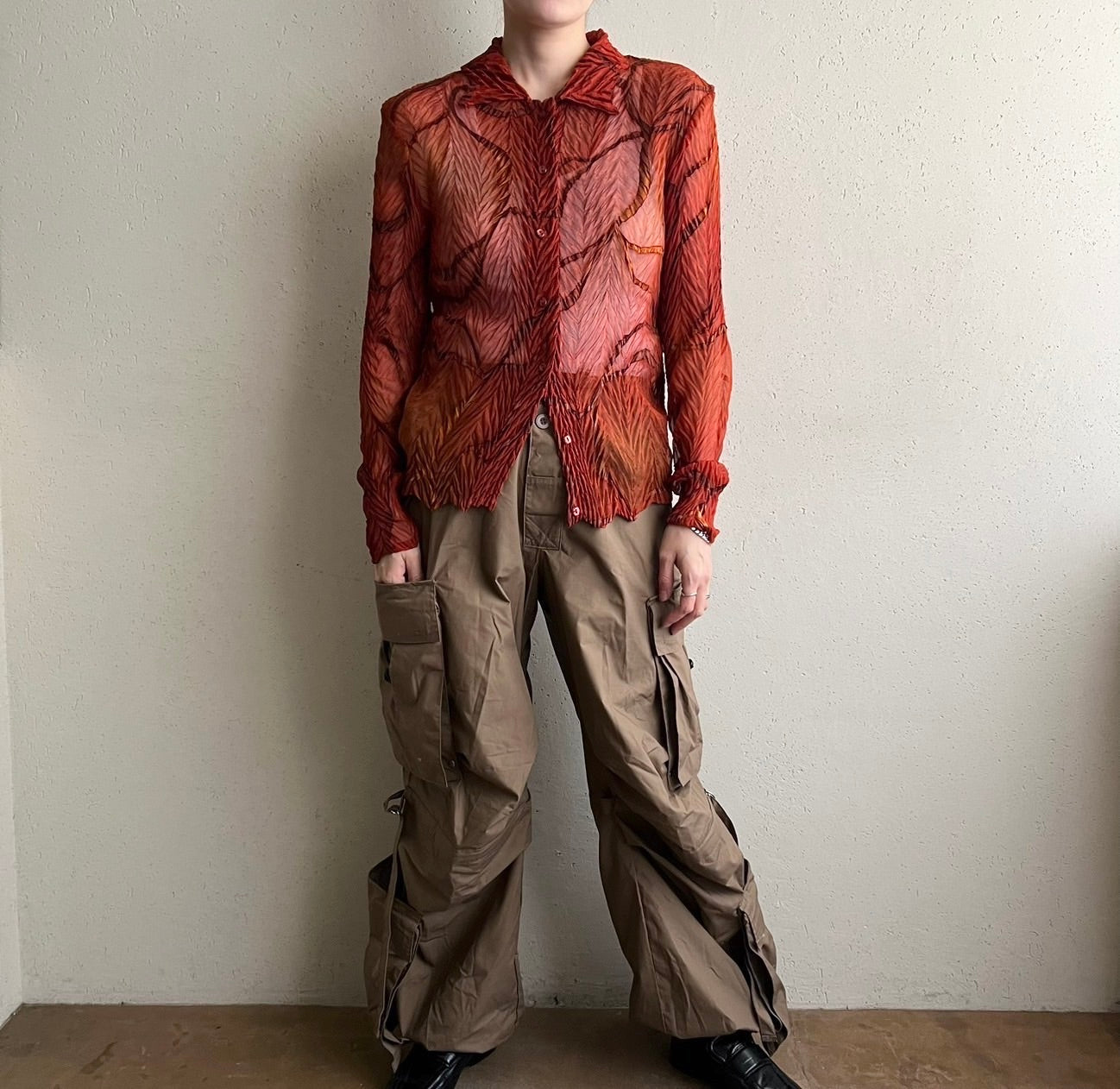 90s Sheer Pleated Design Shirt