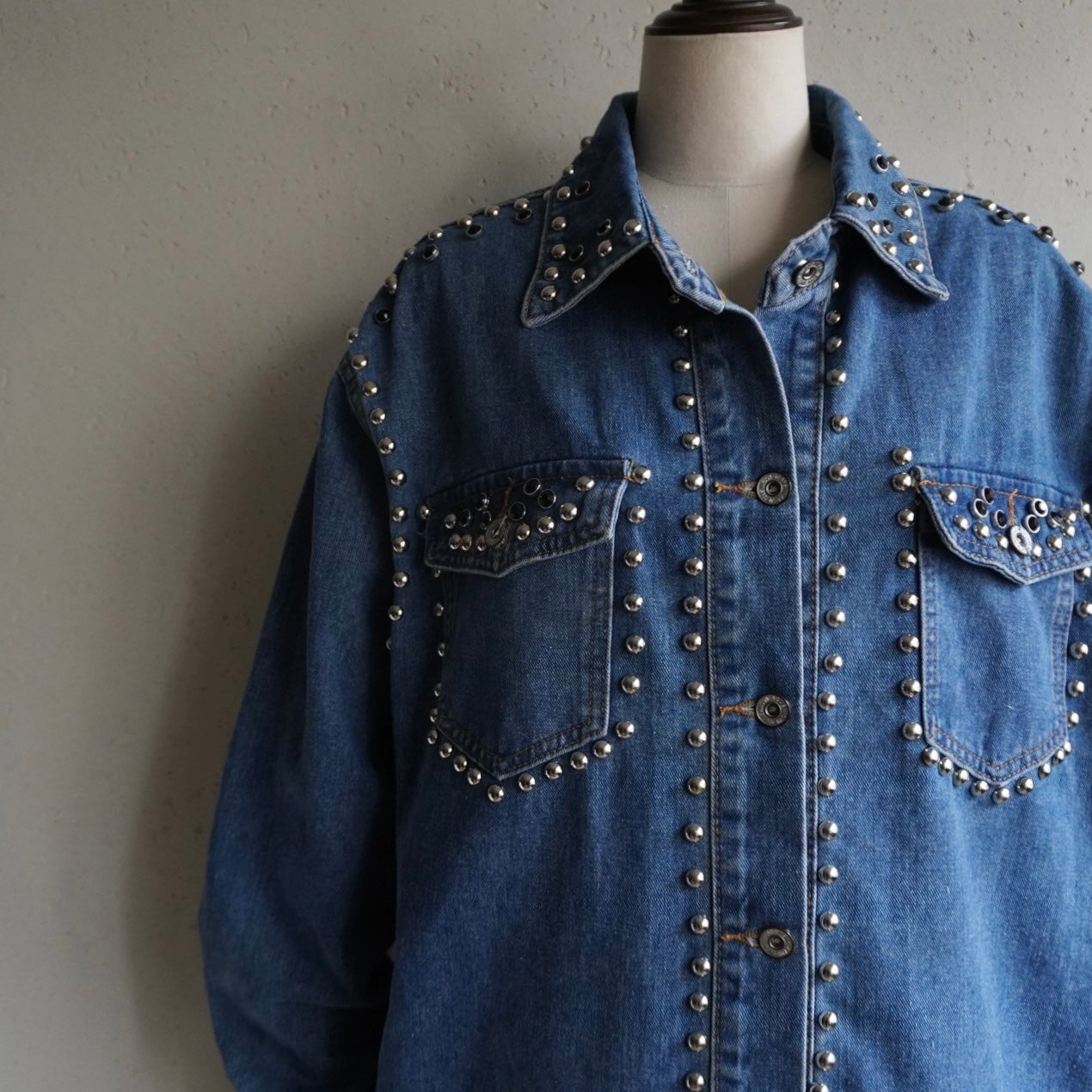 90s EURO Studs Design Denim Jacket,Shirt