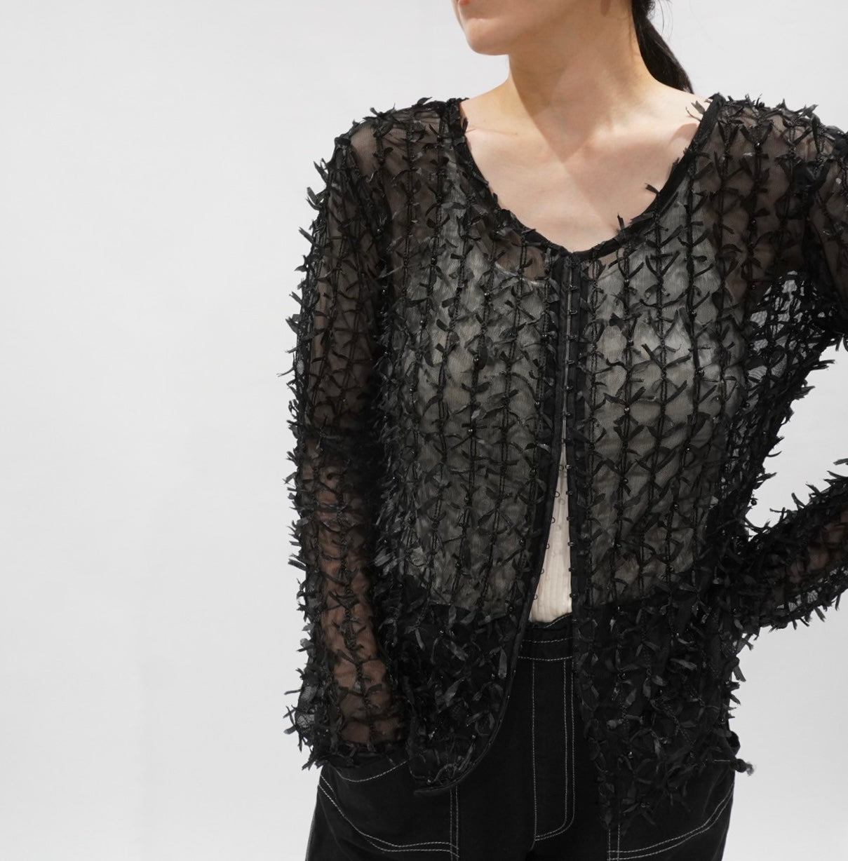 90s Ribbon Design Blouse,Cardigan