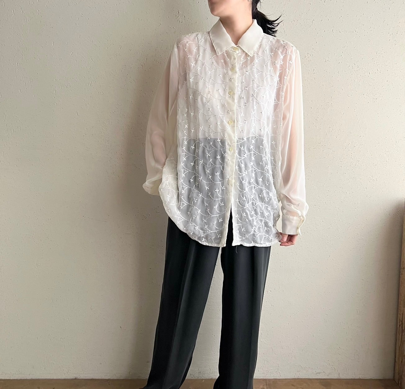 90s Sheer Embroidery Shirt Made in USA