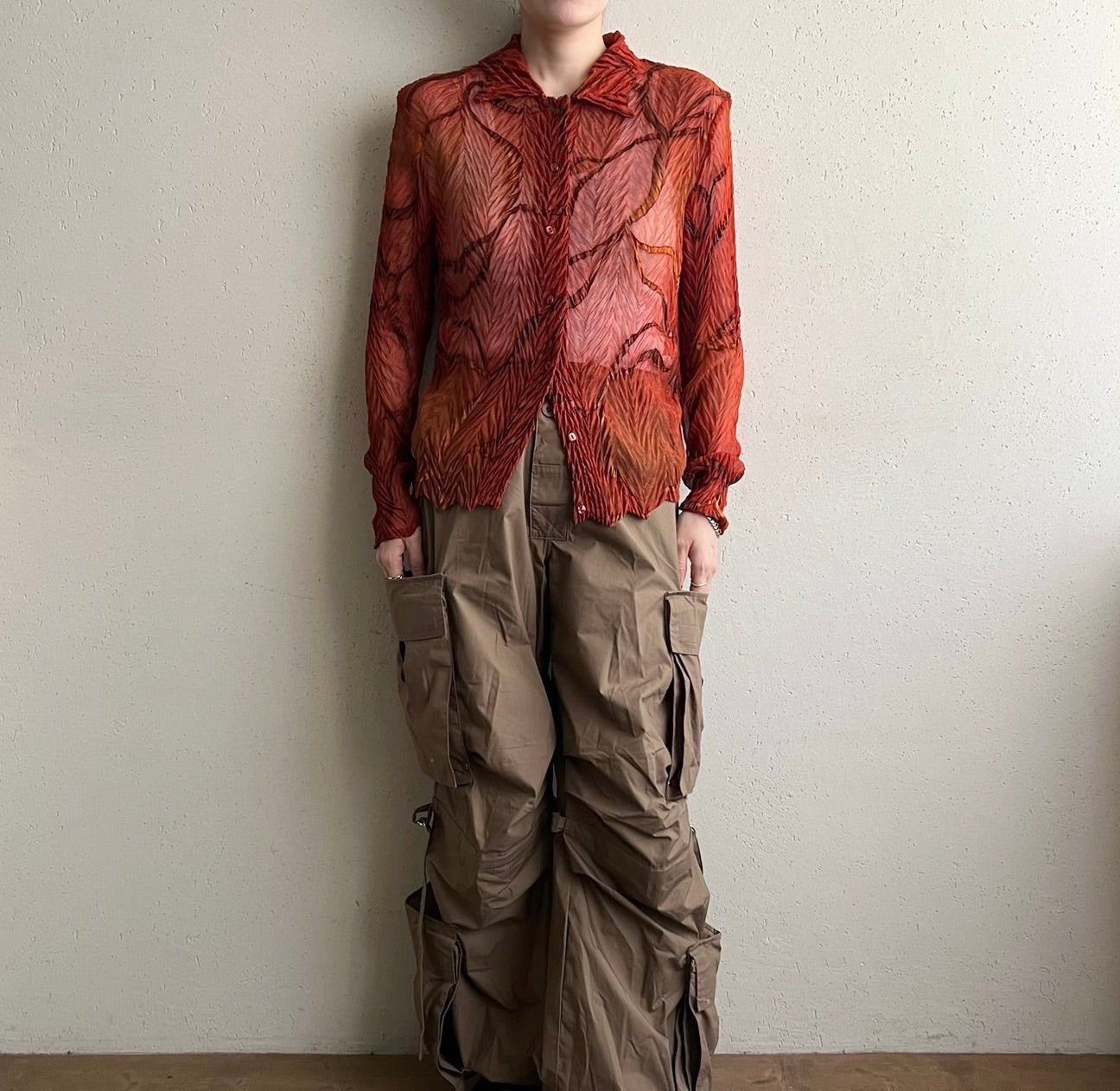 90s Sheer Pleated Design Shirt