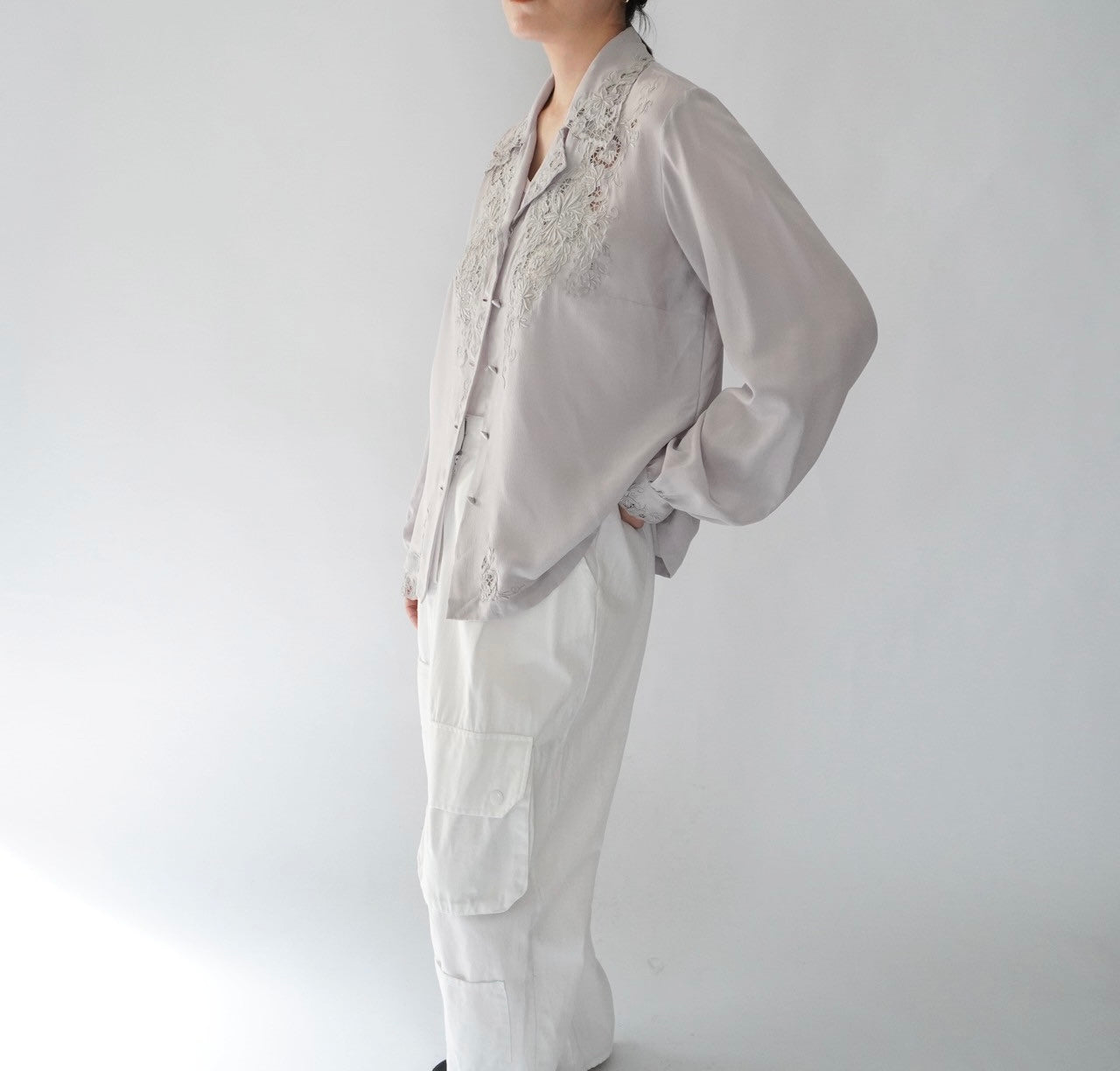 70s Hand Embroidery Silk Shirt Dead Stock