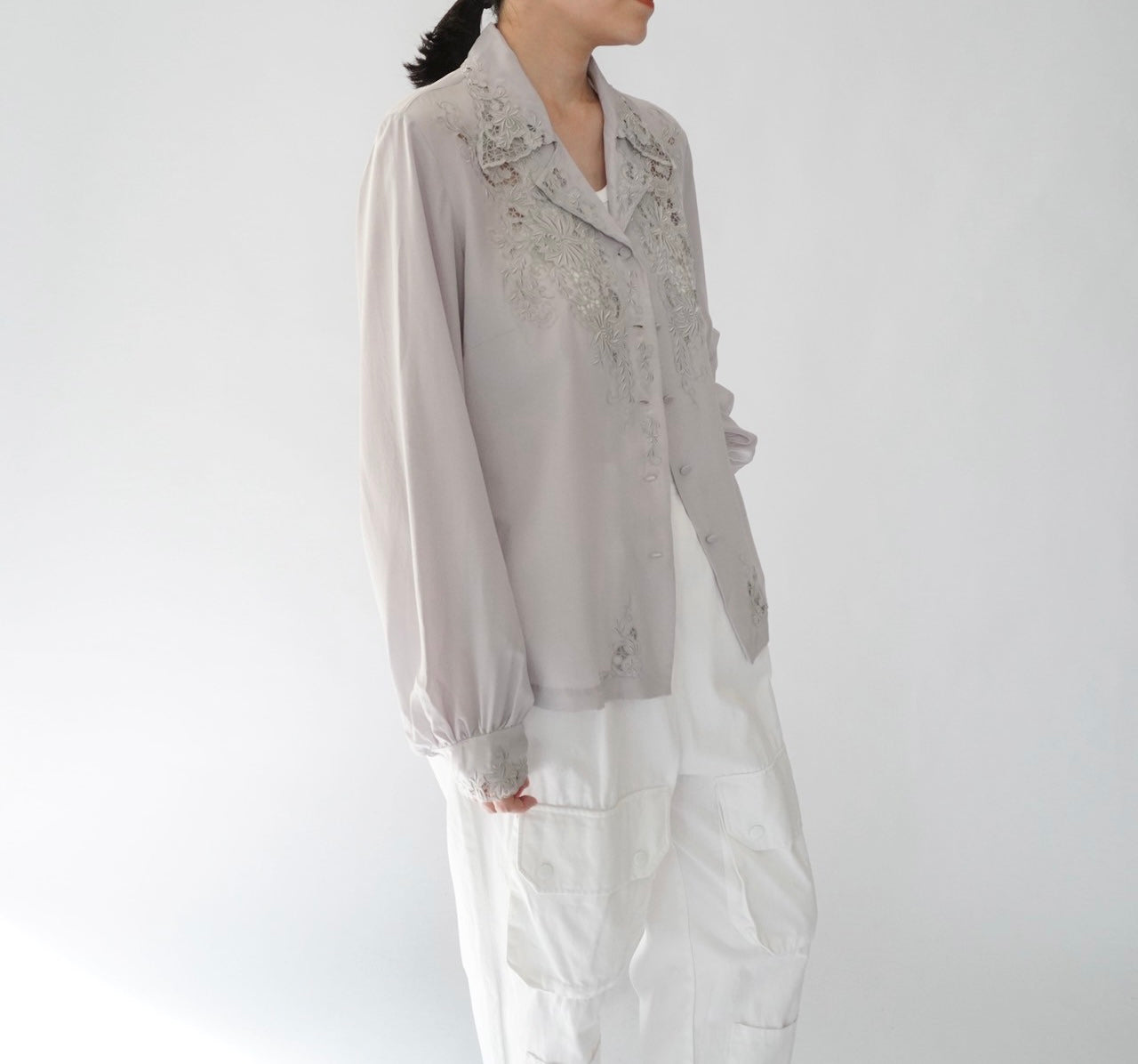 70s Hand Embroidery Silk Shirt Dead Stock