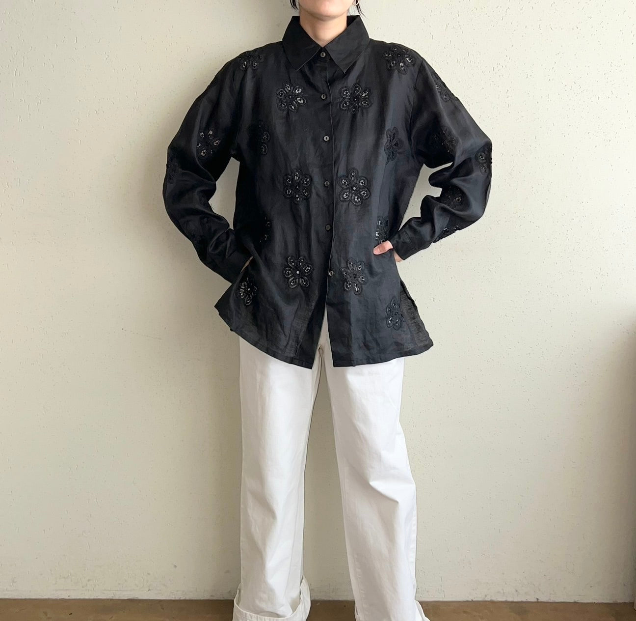90s Black Cut Lace Shirt