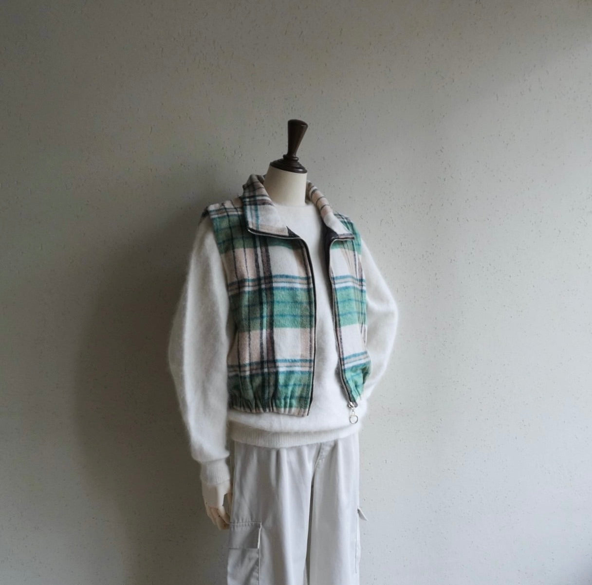 Green Plaid Zip Vest