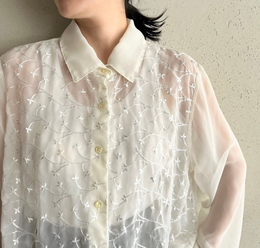 90s Sheer Embroidery Shirt Made in USA