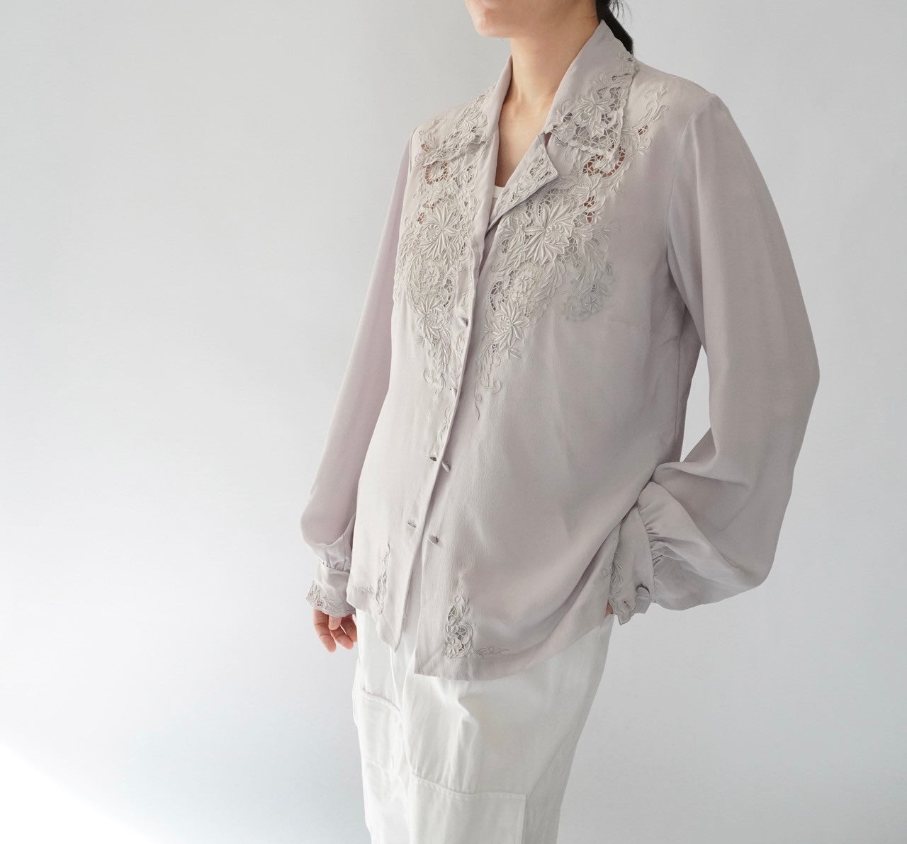 70s Hand Embroidery Silk Shirt Dead Stock