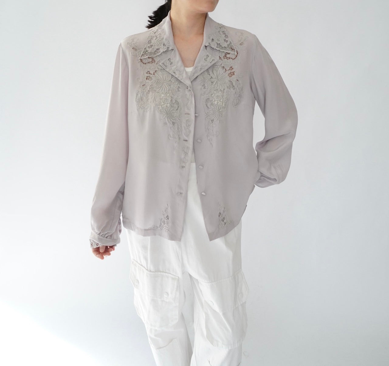 70s Hand Embroidery Silk Shirt Dead Stock