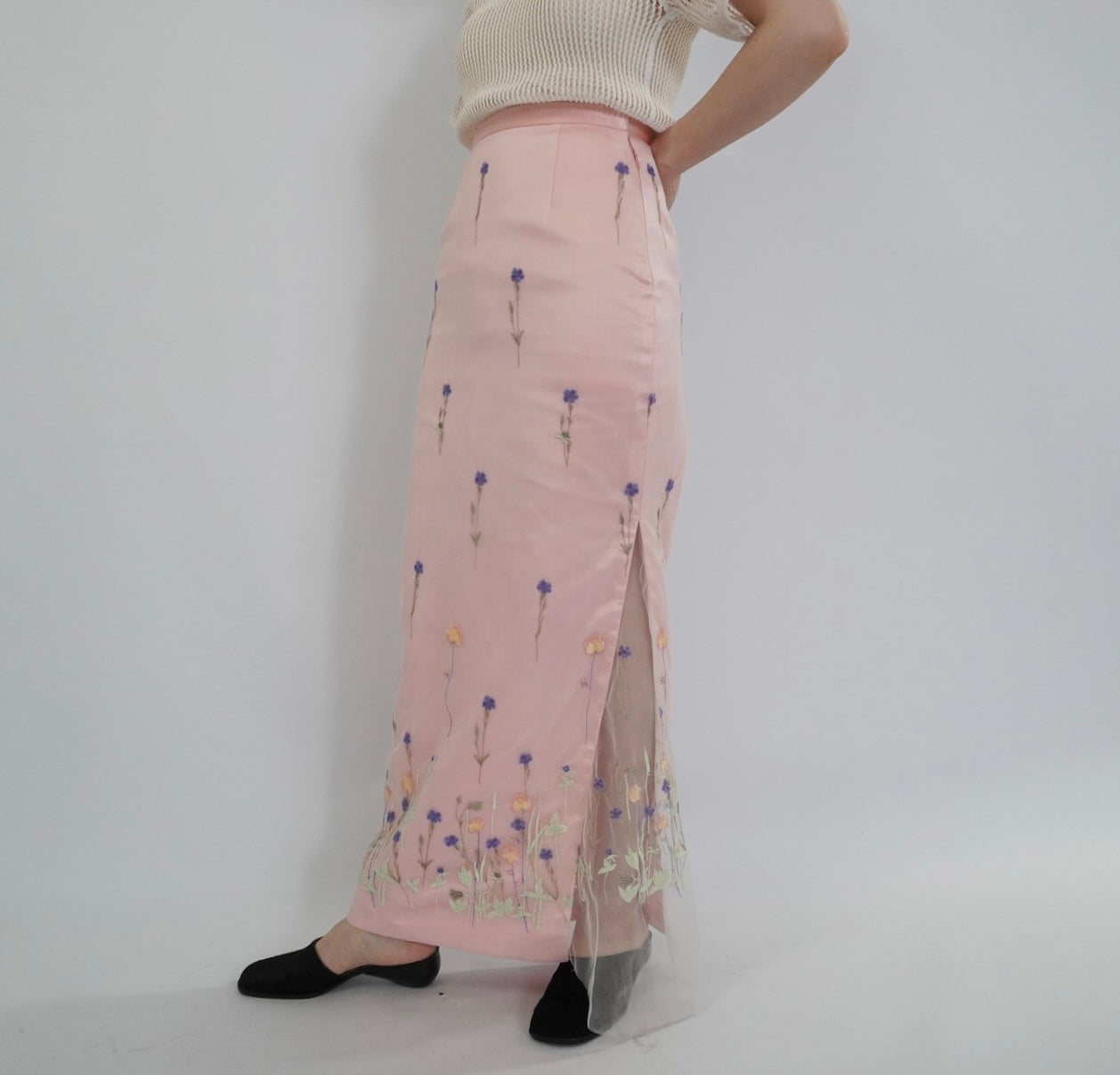 90s Embroidery Sheer Maxi Skirt