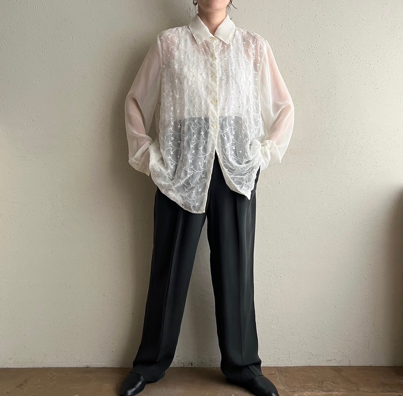 90s Sheer Embroidery Shirt Made in USA