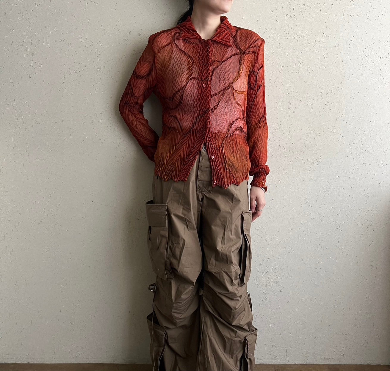 90s Sheer Pleated Design Shirt