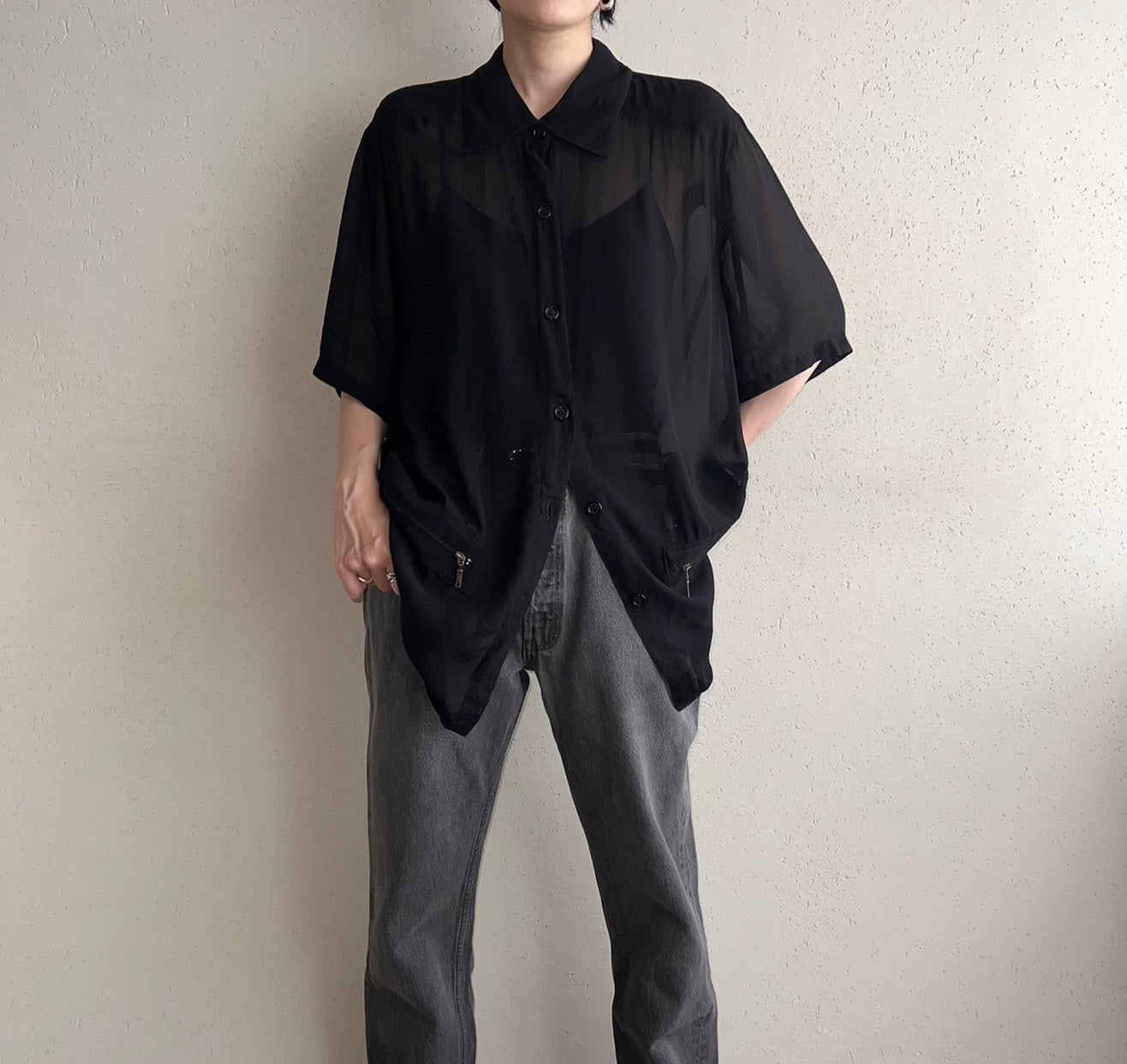 90s Black Oversized Sheer Shirt