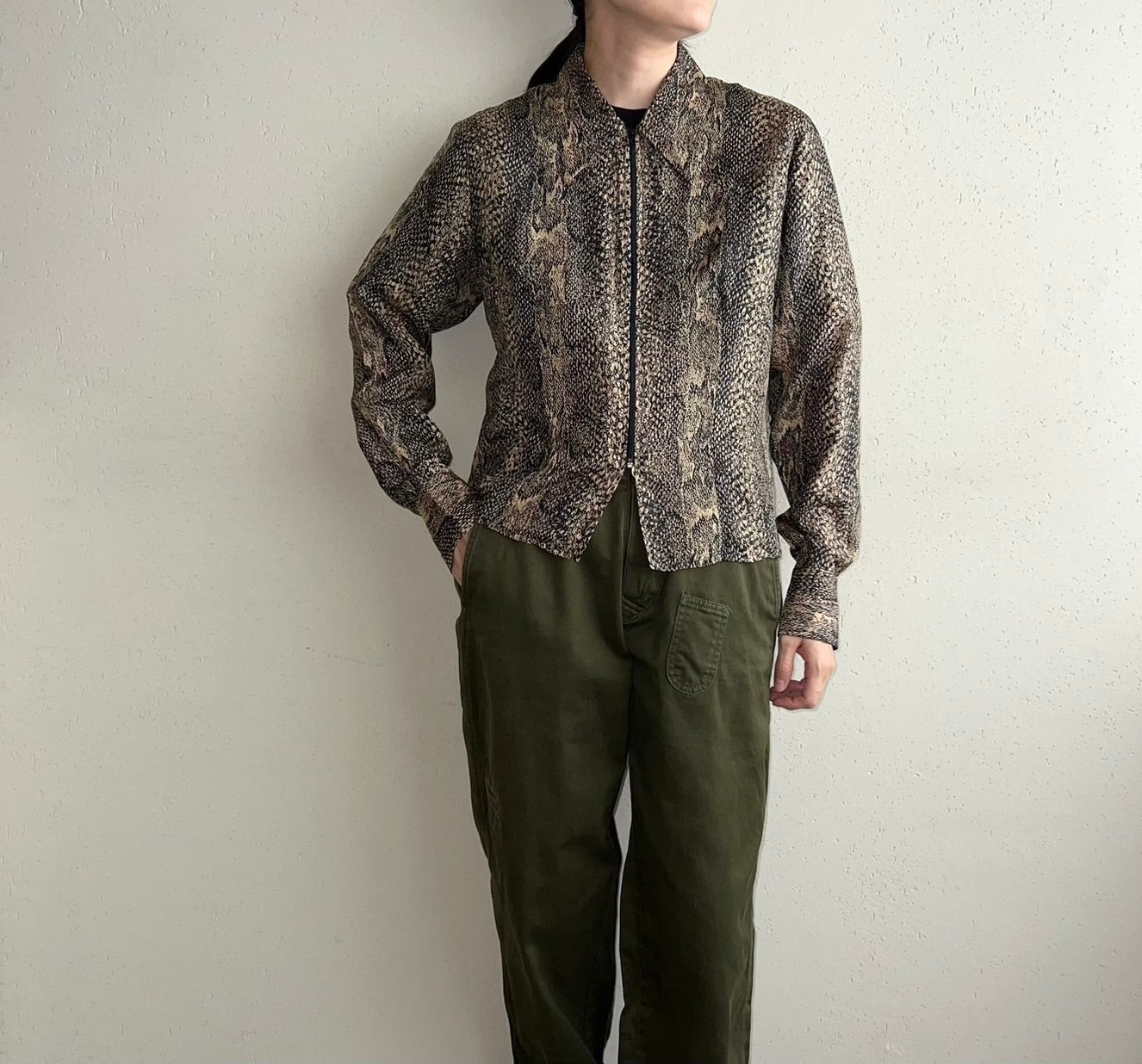 90s Python Pattern Zipped Silk Shirt