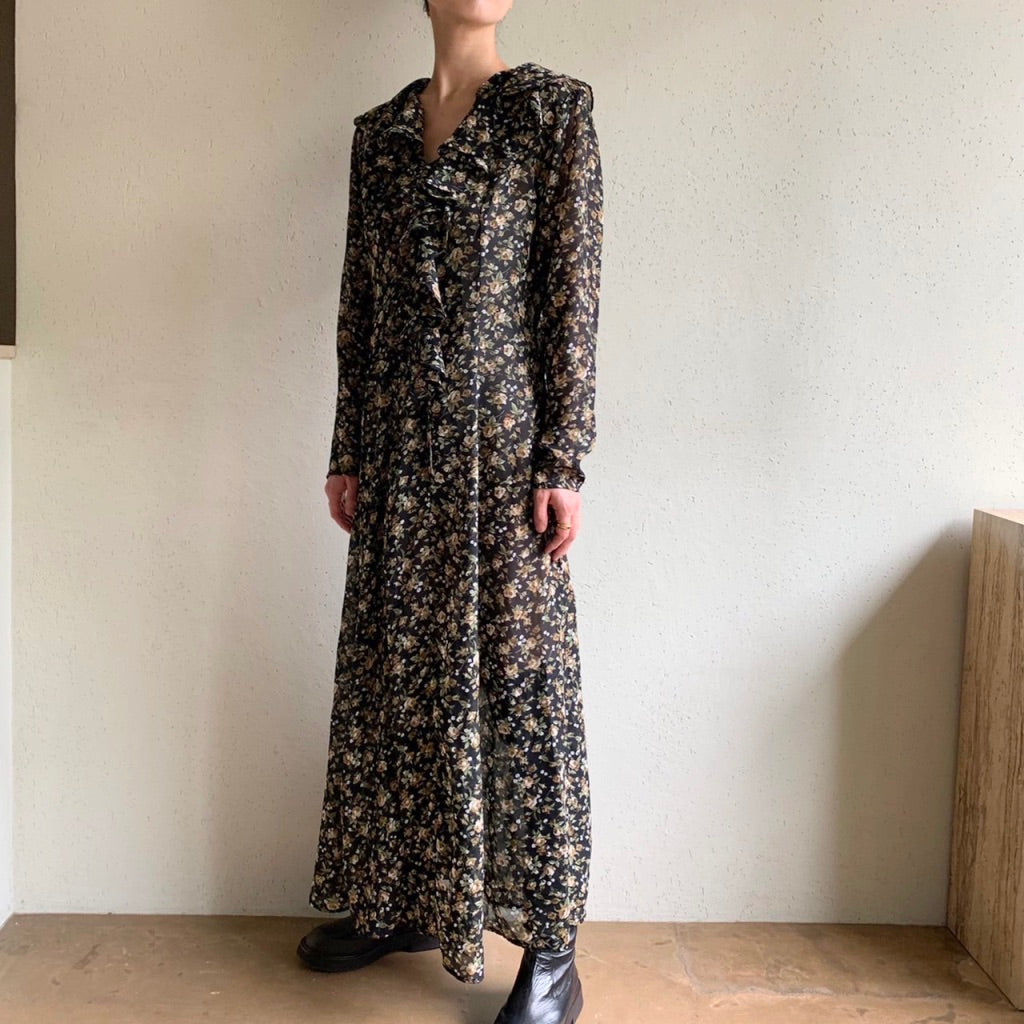 90s Printed Ruffle Maxi Dress