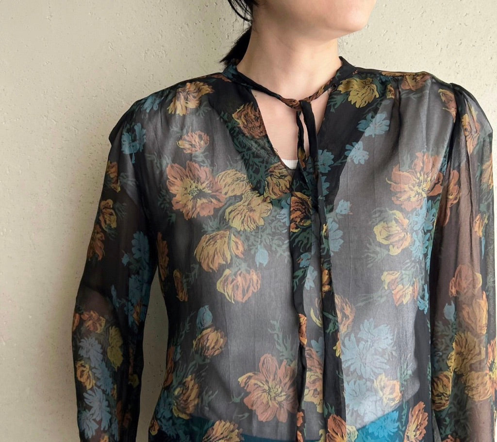 70s Printed Sheer Blouse Made in USA