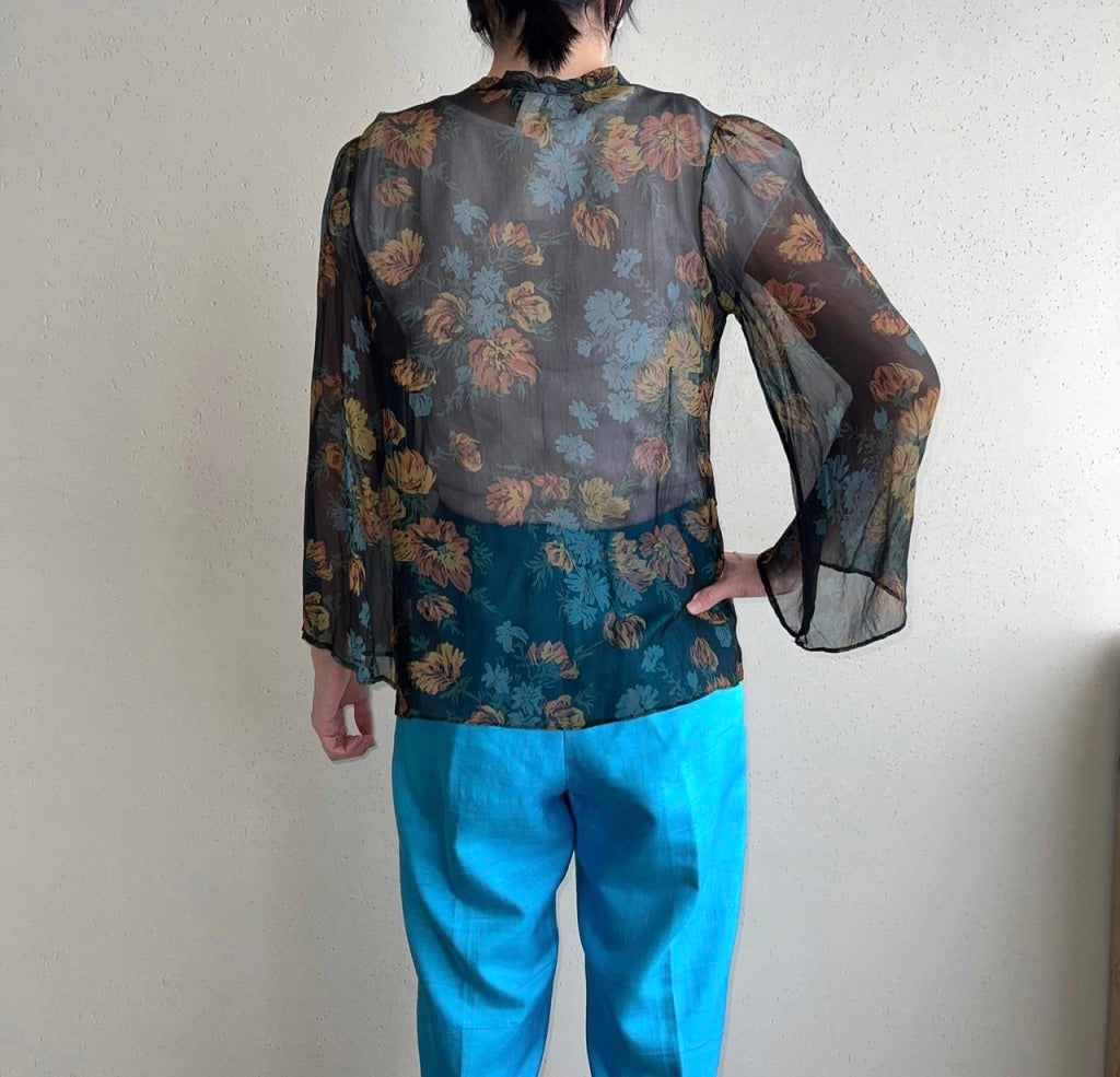 70s Printed Sheer Blouse Made in USA