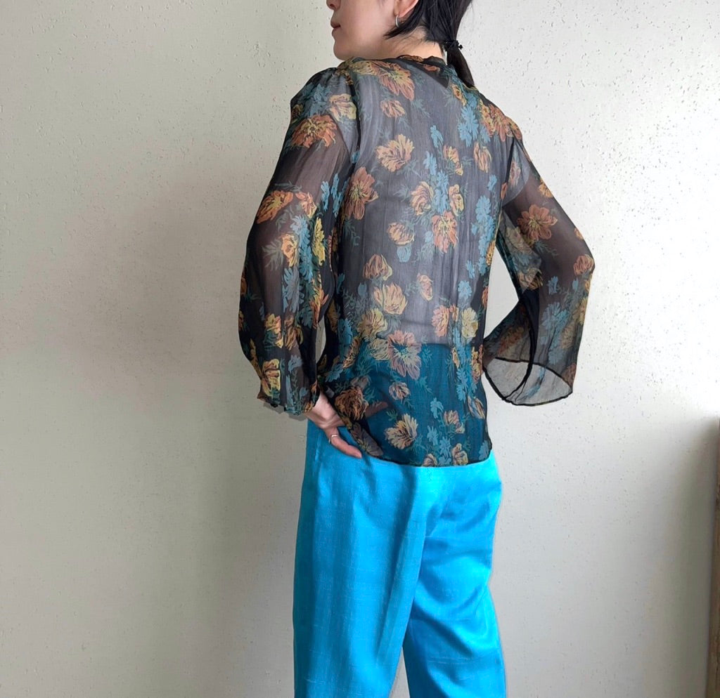 70s Printed Sheer Blouse Made in USA