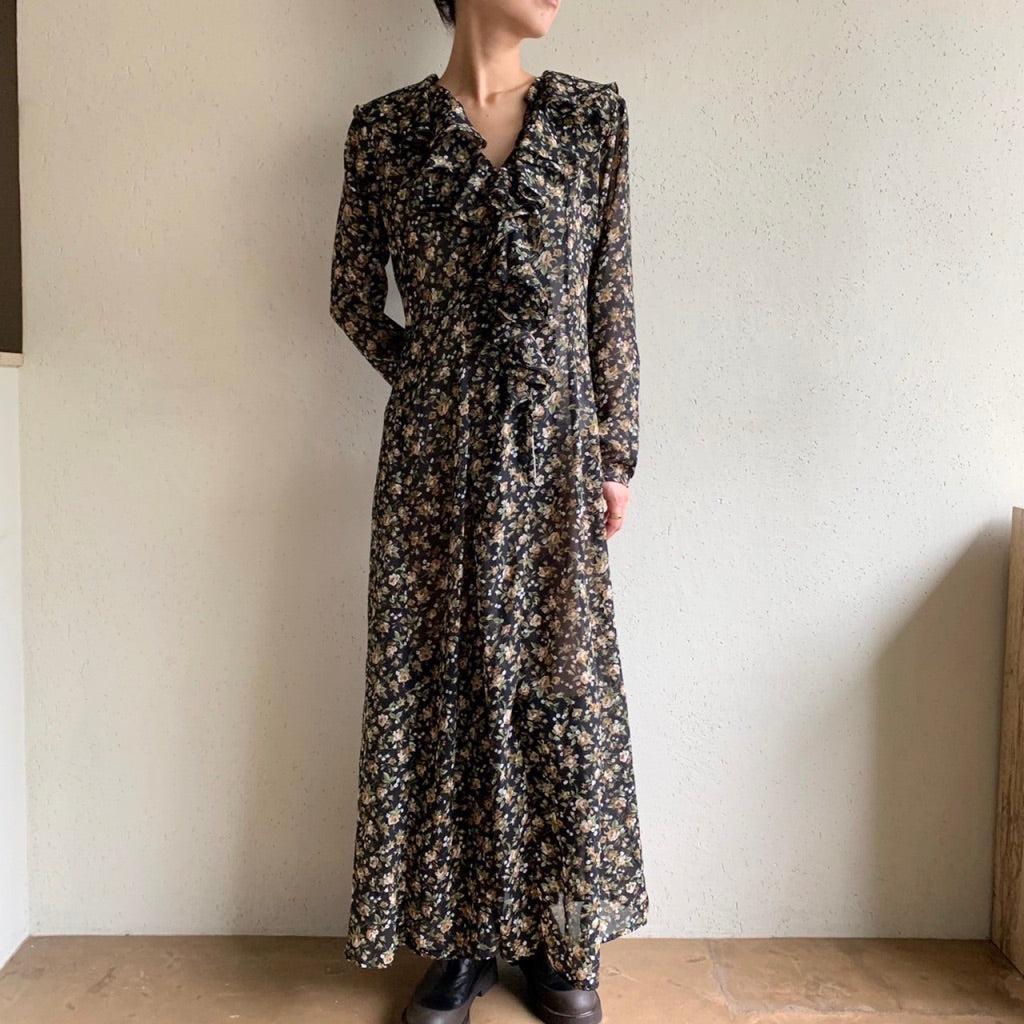 90s Printed Ruffle Maxi Dress