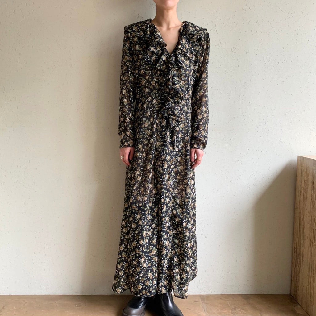 90s Printed Ruffle Maxi Dress