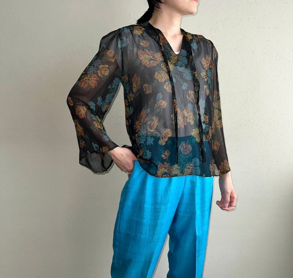 70s Printed Sheer Blouse Made in USA