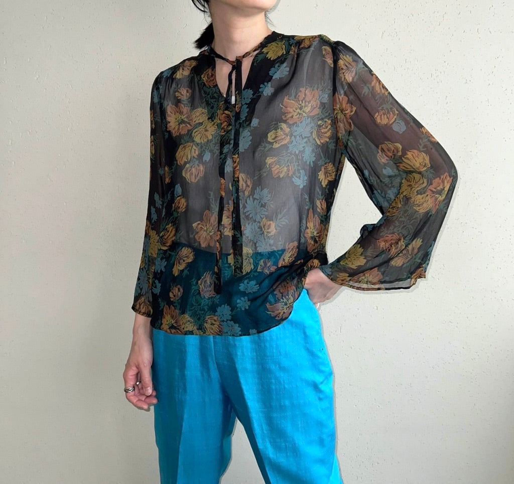 70s Printed Sheer Blouse Made in USA