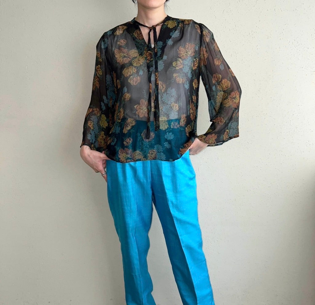 70s Printed Sheer Blouse Made in USA