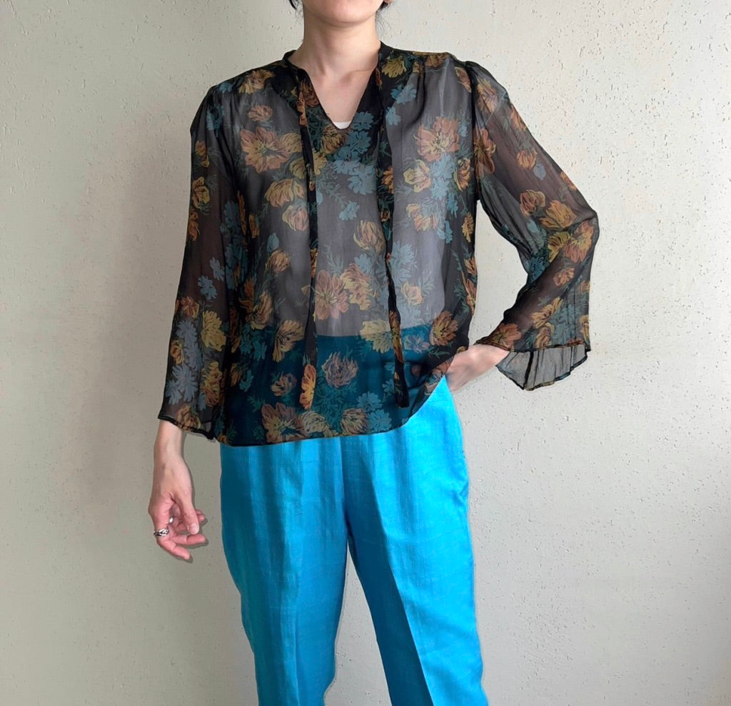 70s Printed Sheer Blouse Made in USA