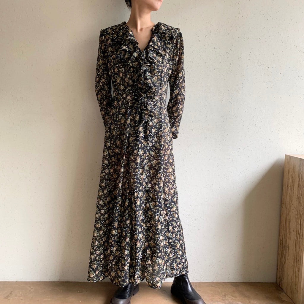 90s Printed Ruffle Maxi Dress