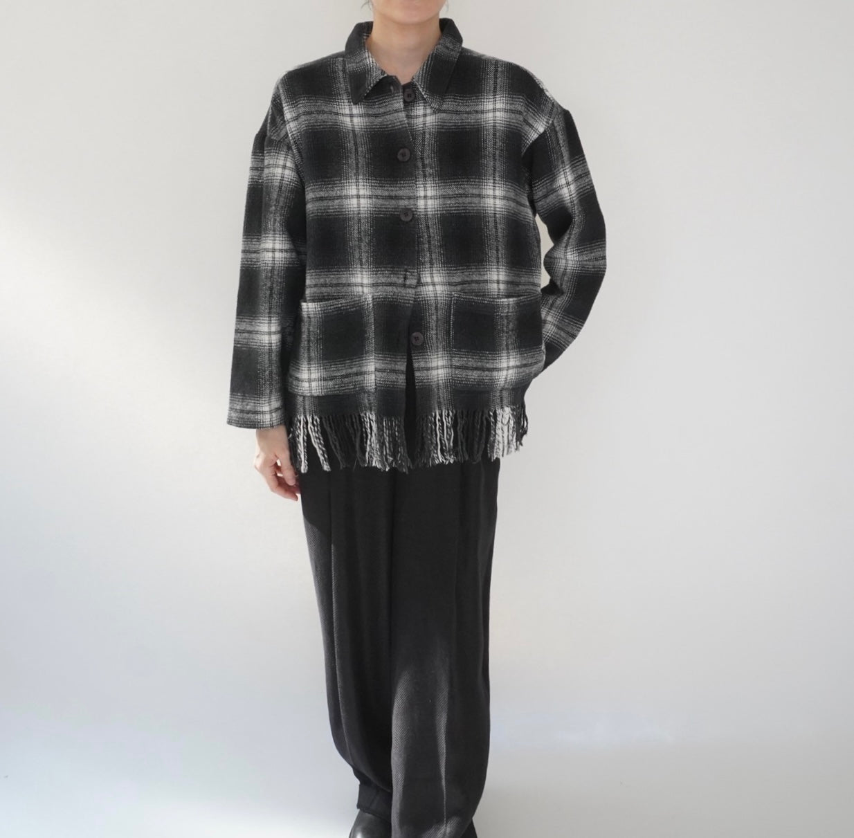 90s Shadow Plaid Fringe Shirt,Jacket Made in USA