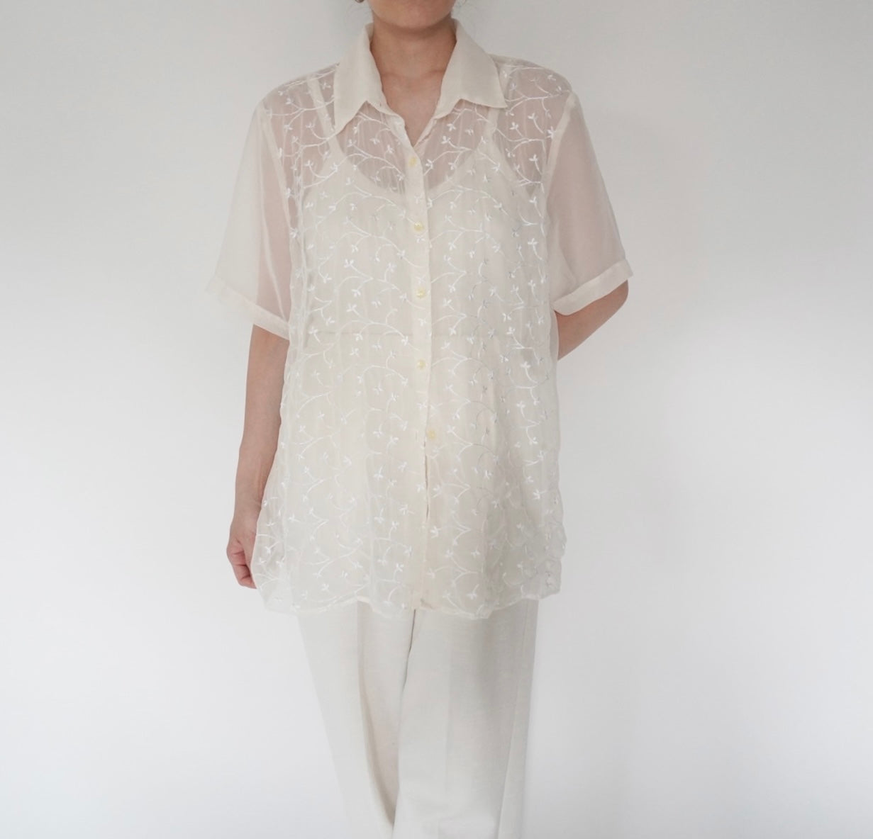 90s Embroidery Sheer Shirt Made in USA