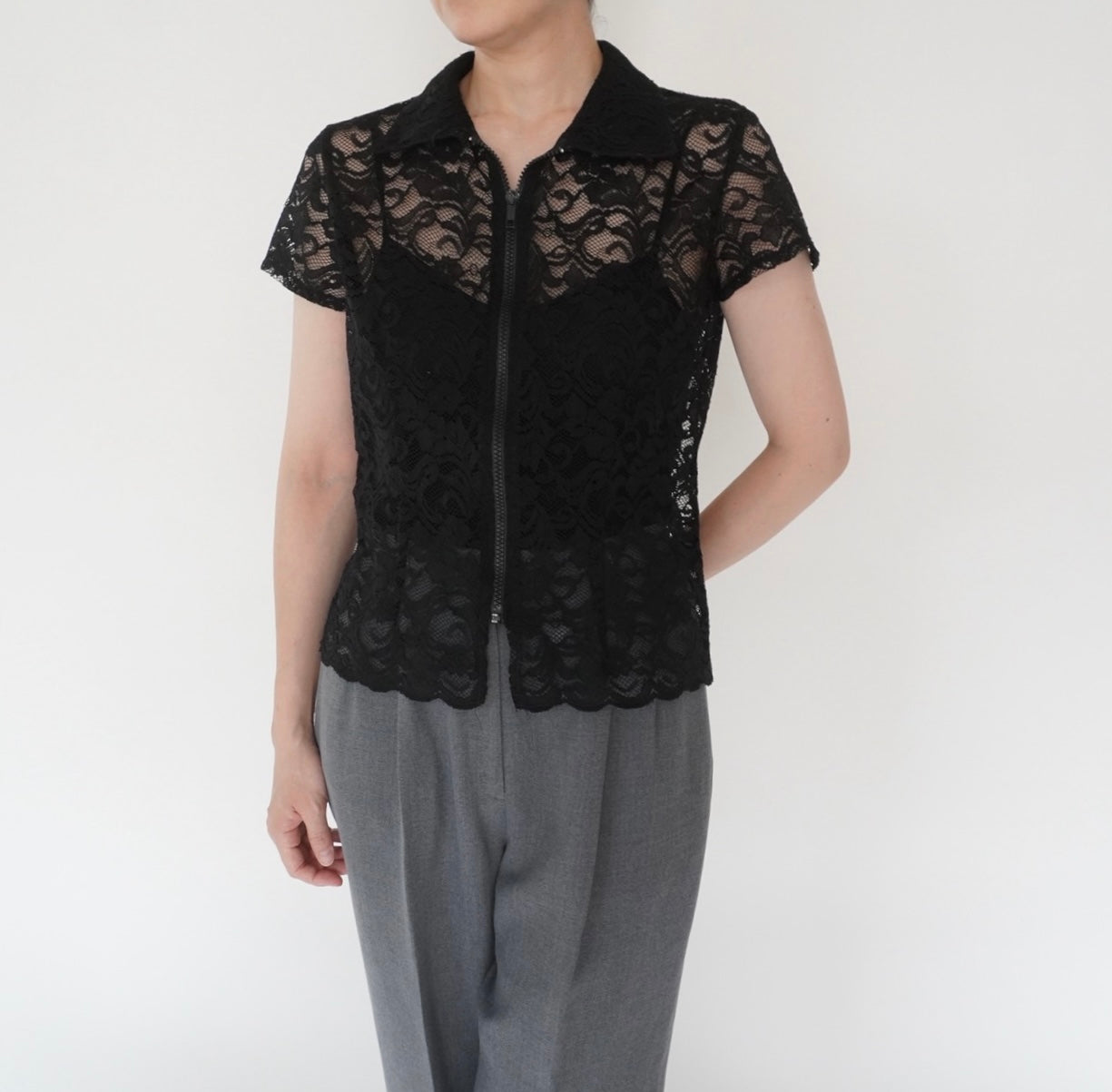 90s Lace Design Zipped Shirt Made in USA