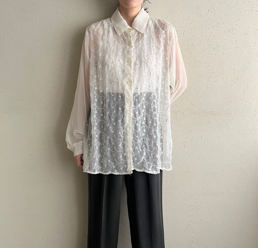 90s Sheer Embroidery Shirt  Made in USA