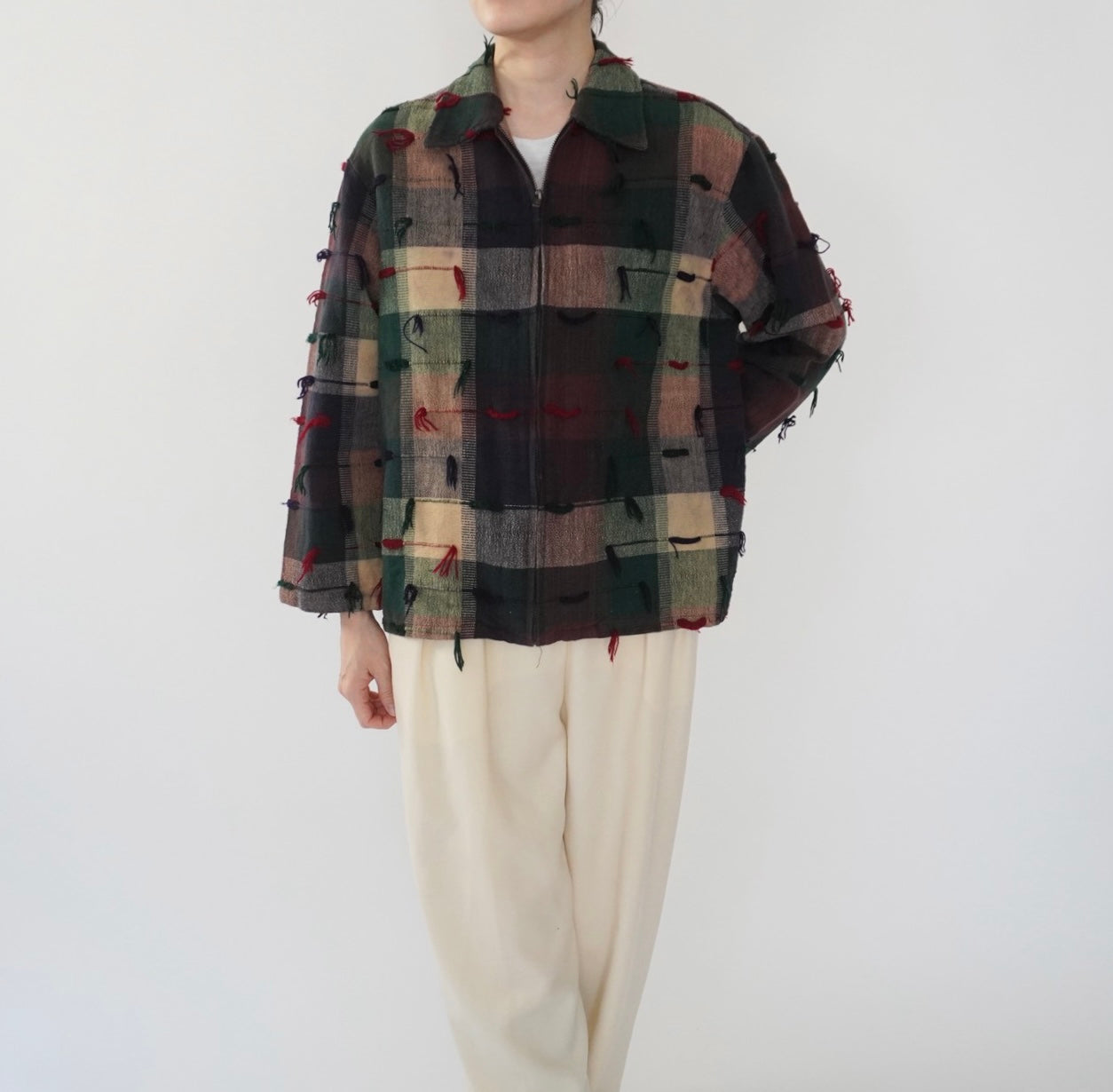 90s Plaid Fringe Light Jacket