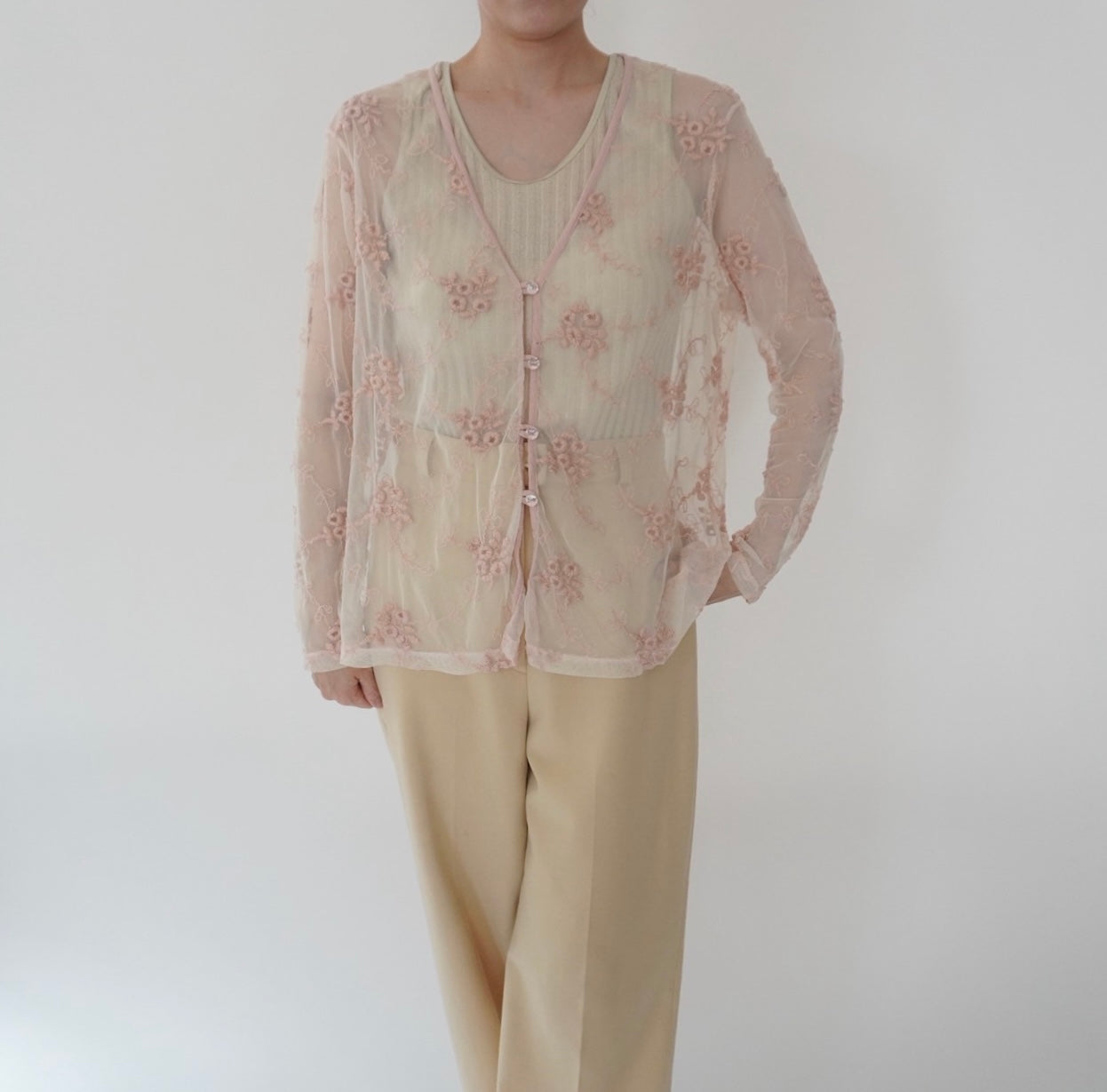 80s Embroidery Sheer Blouse Made in USA