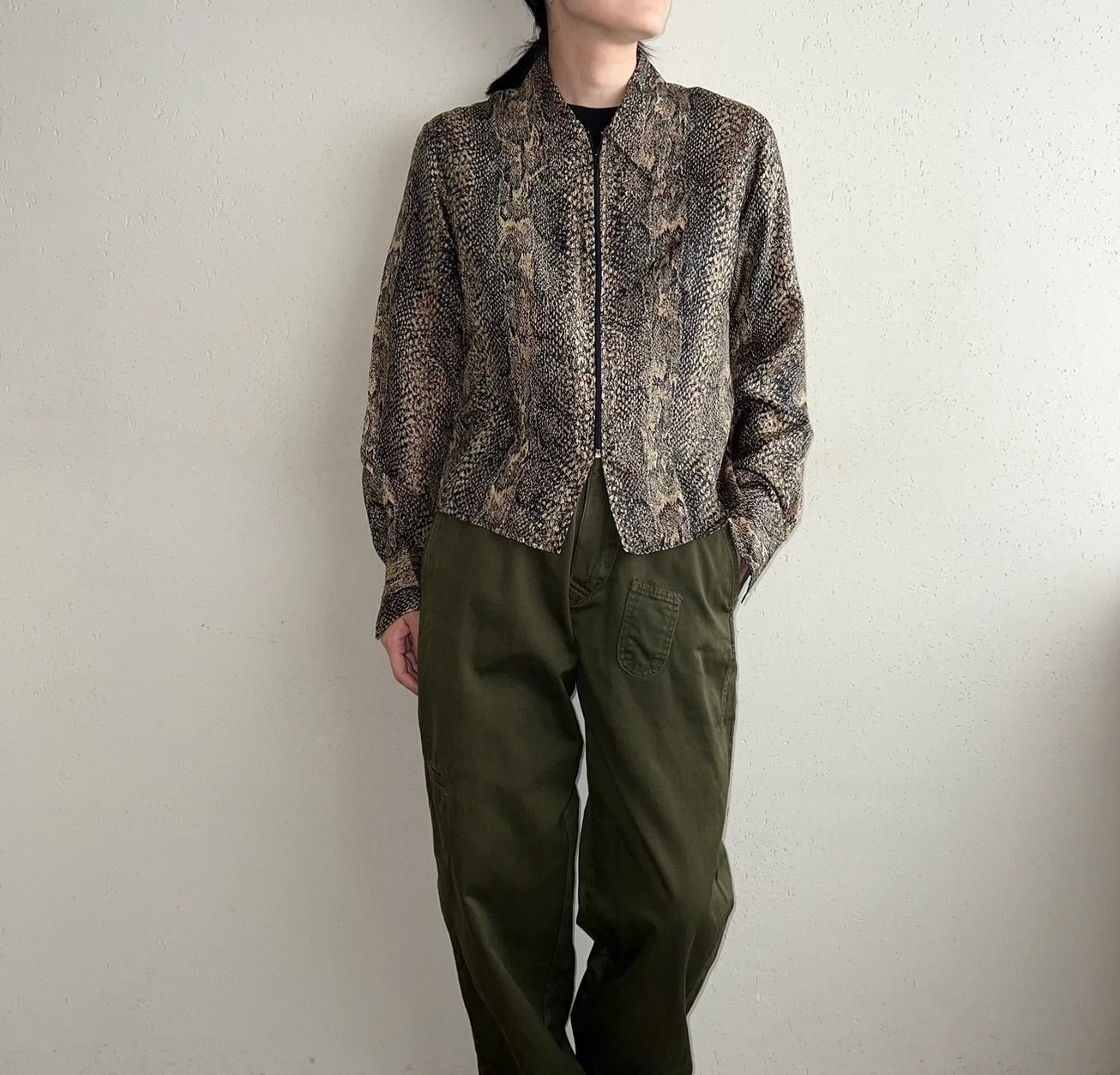 90s  Python Pattern Zipped Silk Shirt