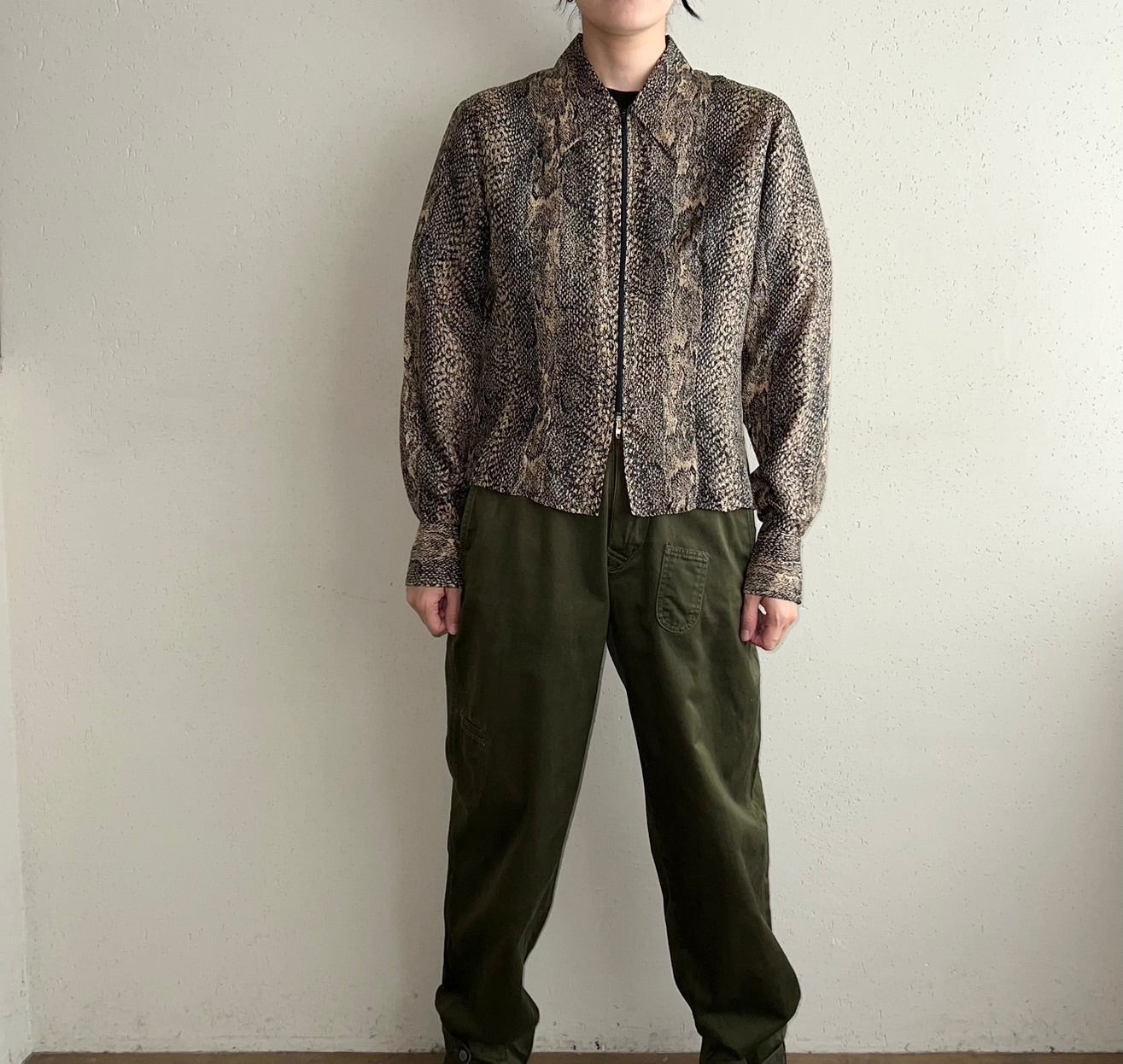 90s  Python Pattern Zipped Silk Shirt