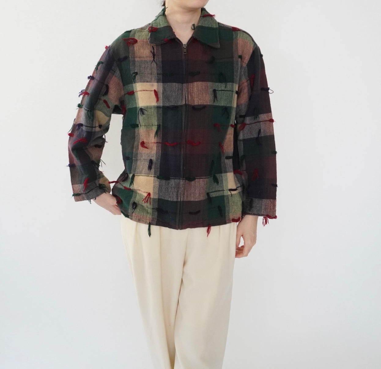 90s Plaid Fringe Light Jacket