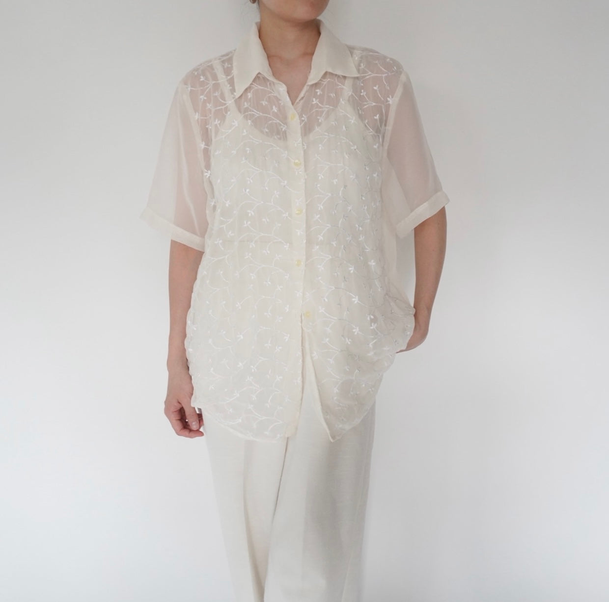 90s Embroidery Sheer Shirt Made in USA