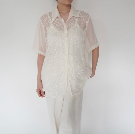 90s Embroidery Sheer Shirt Made in USA